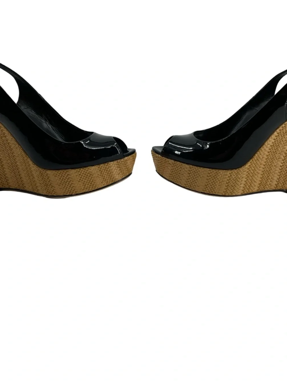 Gucci Black Patent Leather Raffia Wedges Sandals Size 41 BLACK Excellent - Picture 4 of 14